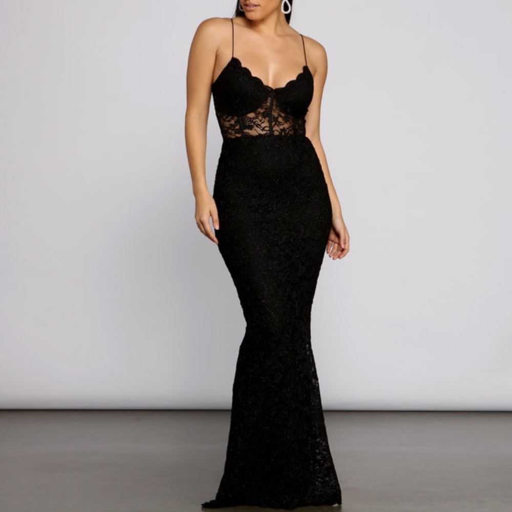 Black Glitter Lace Mermaid Prom Dress Gown (Windosr) NWT!! (Small)